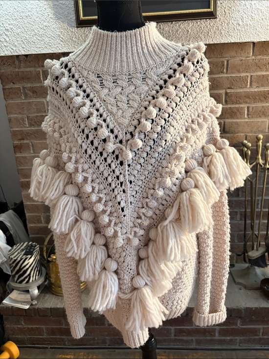 Zimmermann Sweaters - Zimmermann Cream Tassel & Bobble Knit Poncho Sweater